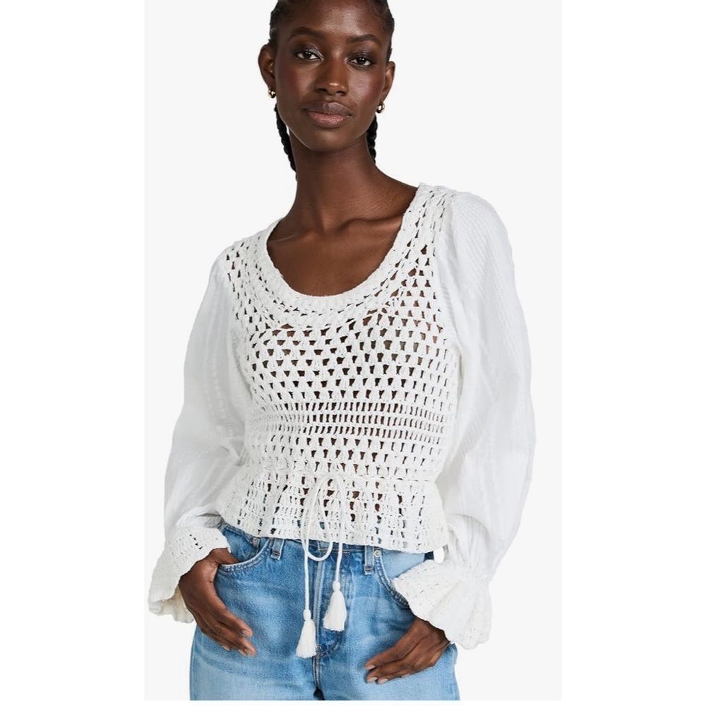 Free People Megan ivory crocheted long sleeve top NWT